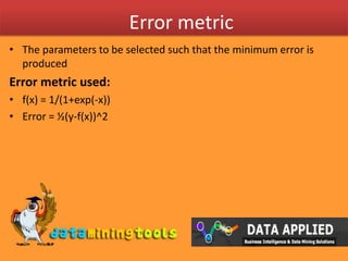 Error metricThe parameters to be selected such that the minimum error is producedError metric used:f(x) = 1/(1+exp(-x))Error = ½(y-f(x))^2