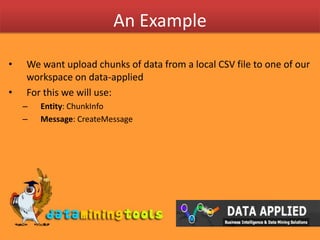 Current status of APIAs of now data –applied has a functional C# library over its XML based APIhttp://data-applied.com/Web/Downloads/csharp_v1.0.zipFor user wanting to use some other language, one has to create there own XML messages and send them using HTTPAs communicated by Data-applied, we ‘might’ have XML templates available later