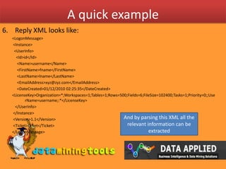A quick exampleReply XML looks like:<LogonMessage> <Instance>  <UserInfo>    <Id>id</Id>     <Name>username</Name>     <FirstName>fname</FirstName>     <LastName>lname</LastName>     <EmailAddress>xyz@zyz.com</EmailAddress>     <DateCreated>01/12/2010 02:25:35</DateCreated><LicenseKey>Organization=*;Workspaces=1;Tables=1;Rows=500;Fields=6;FileSize=102400;Tasks=1;Priority=0;;UserName=username;:*</LicenseKey>   </UserInfo> </Instance> <Version>1.1</Version> <Ticket>ticket</Ticket></LogonMessage>And by parsing this XML all the relevant information can be extracted