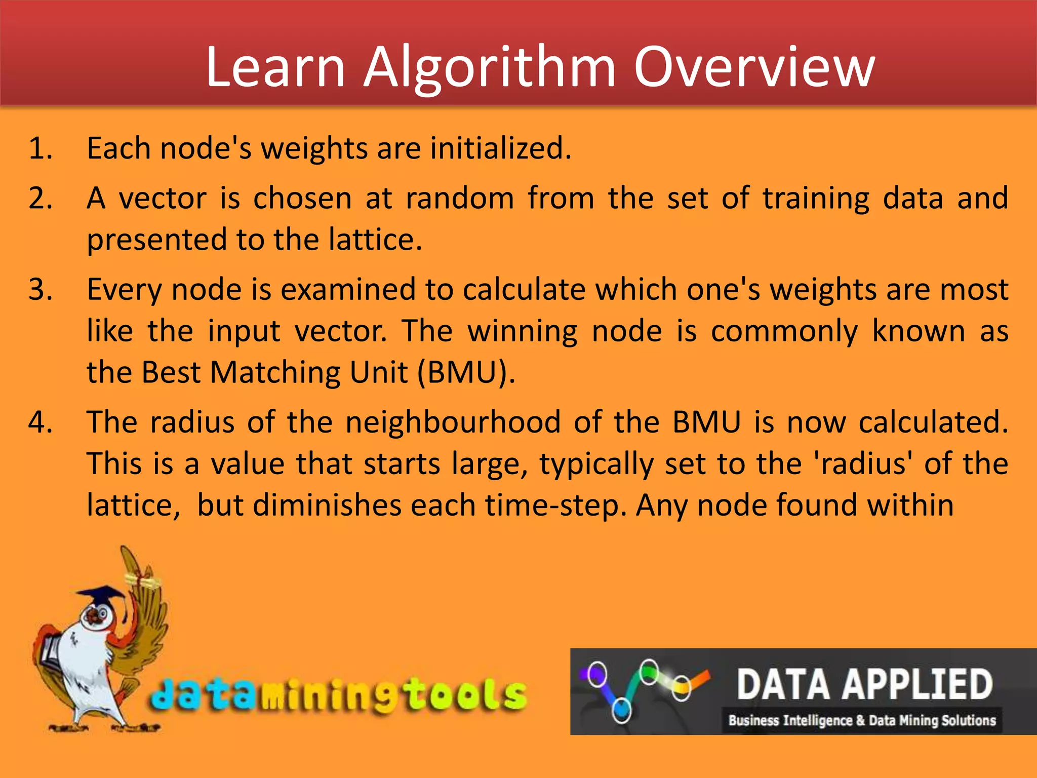 Learn Algorithm OverviewEach node's weights are initialized.A vector is chosen at random from the set of training data and presented to the lattice.Every node is examined to calculate which one's weights are most like the input vector. The winning node is commonly known as the Best Matching Unit (BMU).The radius of the neighbourhood of the BMU is now calculated. This is a value that starts large, typically set to the 'radius' of the lattice,  but diminishes each time-step. Any node found within