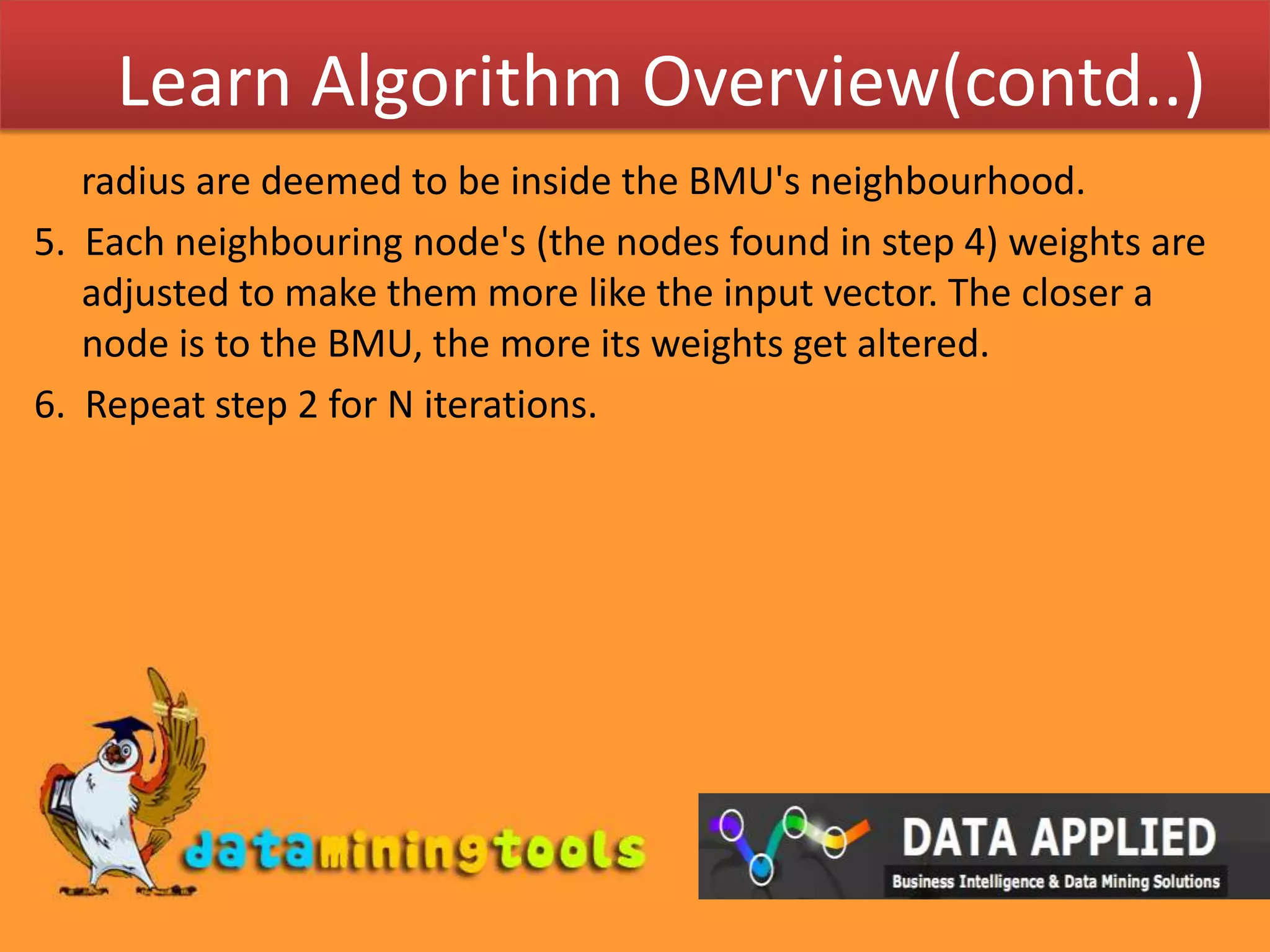 Learn Algorithm Overview(contd..)     radius are deemed to be inside the BMU's neighbourhood.5.  Each neighbouring node's (the nodes found in step 4) weights are adjusted to make them more like the input vector. The closer a node is to the BMU, the more its weights get altered.6.  Repeat step 2 for N iterations.