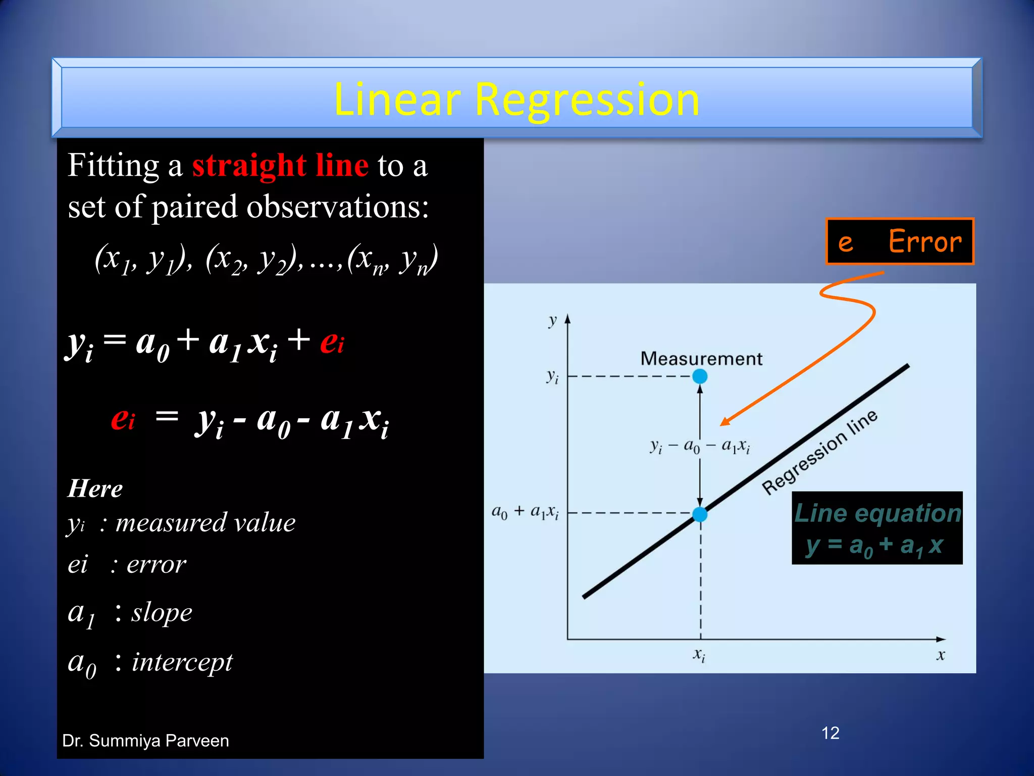 12
Fitting a straight line to a
set of paired observations:
(x1, y1), (x2, y2),…,(xn, yn)
yi = a0 + a1 xi + ei
ei = yi - a0 - a1 xi
Here
yi : measured value
ei : error
a1 : slope
a0 : intercept
Linear Regression
e Error
Line equation
y = a0 + a1 x
Dr. Summiya Parveen
 