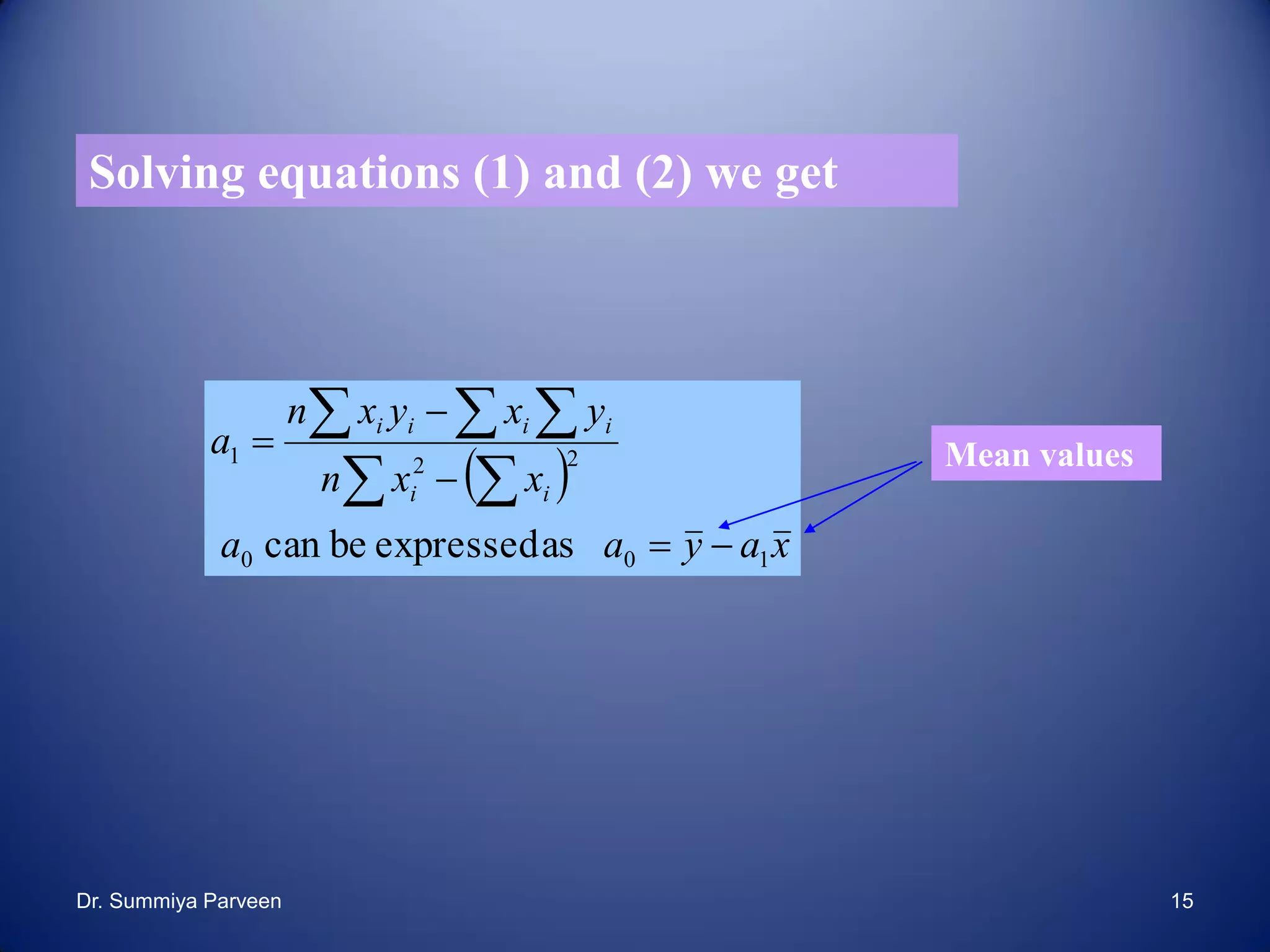  
xayaa
xxn
yxyxn
a
ii
iiii
100
221
asexpressedbecan 



 
  
Solving equations (1) and (2) we get
Mean values
Dr. Summiya Parveen 15
 