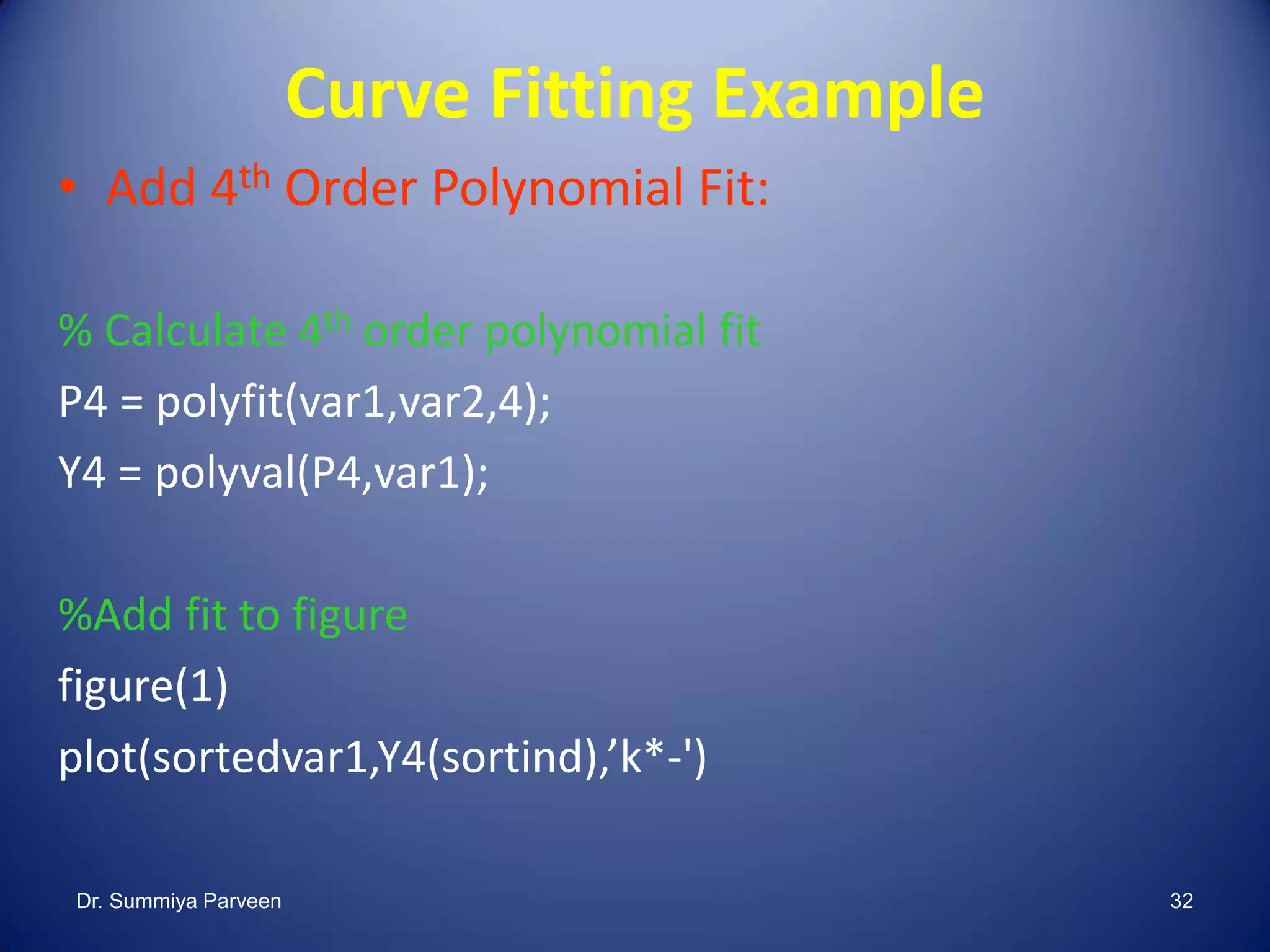Curve Fitting Example
• Add 4th Order Polynomial Fit:
% Calculate 4th order polynomial fit
P4 = polyfit(var1,var2,4);
Y4 = polyval(P4,var1);
%Add fit to figure
figure(1)
plot(sortedvar1,Y4(sortind),’k*-')
Dr. Summiya Parveen 32
 