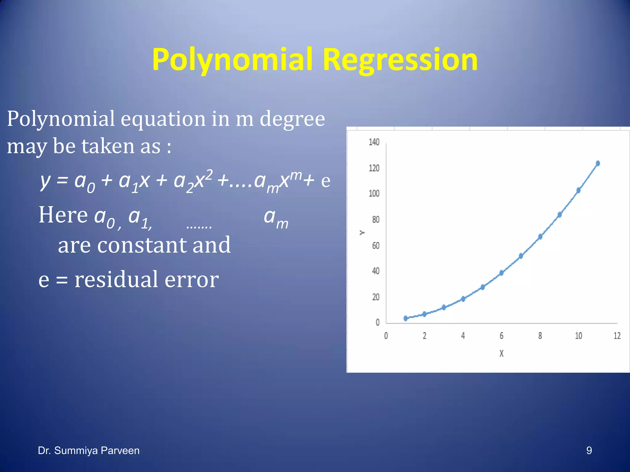 Polynomial Regression
Polynomial equation in m degree
may be taken as :
y = a0 + a1x + a2x2 +....amxm+ e
Here a0 , a1, ……. am
are constant and
e = residual error
Dr. Summiya Parveen 9
 