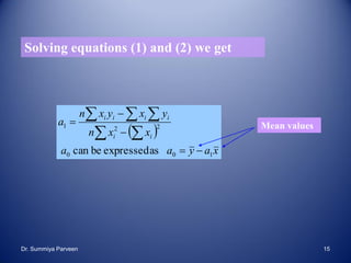 
xayaa
xxn
yxyxn
a
ii
iiii
100
221
asexpressedbecan 



 
  
Solving equations (1) and (2) we get
Mean values
Dr. Summiya Parveen 15
 