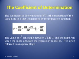 The Coefficient of Determination
The coefficient of determination (R ) is the proportion of the
variability in Y that is explained by the regression equation.
The value of R can range between 0 and 1, and the higher its
value the more accurate the regression model is. It is often
referred to as a percentage.
2
2
Dr. Summiya Parveen 18
 