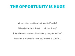 THE OPPORTUNITY IS HUGE
When is the best time to travel to Florida?
When is the best time to book the ticket?
Special events that would make trip very expensive?
Weather is important, I want to enjoy the ocean…
 