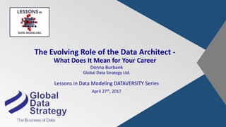 The Evolving Role of the Data Architect -
What Does It Mean for Your Career
Donna Burbank
Global Data Strategy Ltd.
Lessons in Data Modeling DATAVERSITY Series
April 27th, 2017
 