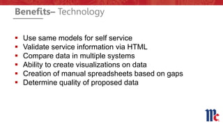 Benefits– Technology
▪ Use same models for self service
▪ Validate service information via HTML
▪ Compare data in multiple systems
▪ Ability to create visualizations on data
▪ Creation of manual spreadsheets based on gaps
▪ Determine quality of proposed data
 