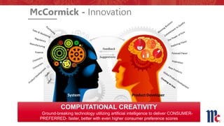 COMPUTATIONAL CREATIVITY
Ground-breaking technology utilizing artificial intelligence to deliver CONSUMER-
PREFERRED- faster, better with even higher consumer preference scores
McCormick - Innovation
 