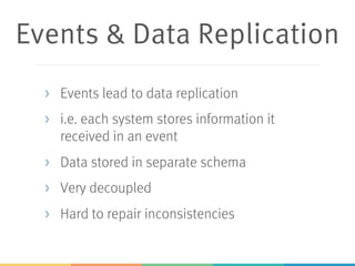 Events & Data Replication
> Events lead to data replication
> i.e. each system stores information it
received in an event
> Data stored in separate schema
> Very decoupled
> Hard to repair inconsistencies
 