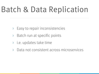 Classic:
Centralized
Database
Microservices:
private
database
decoupling
Data Microservices:
Consistent but
resilience / performance
/ transactions / decoupling?
Database per
Microservice:
Polyglot Persistence
Schema per
Microservice:
Simple infrastructure
 