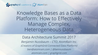a platform by
Knowledge Bases as a Data
Platform: How to Effectively
Manage Complex,
Heterogeneous Data
Data Architecture Summit 2017
Benjamin Nussbaum – CTO, AtomRain Inc.
(Creators of GraphGrid Connected Data Platform)
ben@atomrain.com | @bennussbaum
atomrain.com | graphgrid.com
 