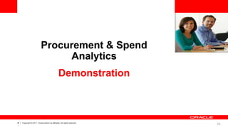 20‹#
›
Copyright © 2011, Oracle and/or its affiliates. All rights reserved.
<Insert Picture Here>
Procurement & Spend
Analytics
Demonstration
 