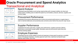 29‹#
›
Copyright © 2011, Oracle and/or its affiliates. All rights reserved.
Oracle Procurement and Spend Analytics
Transactional and Analytical
Procurement Performance
Understand Procurement effectiveness and monitor procurement performance on regular basis in
order to identify bottlenecks and proactively take corrective action before they become major issues
Supplier Performance
Understand and track cycle times, supplier price performance, supplier scorecard, delivery
performance, and product receipt quality. Decrease costs and procurement cycle times and
minimize working capital.
Employee Expenses
Understand how the money related to travel and expenses is being spent by gaining a complete
picture of Employee Expenses, including approval cycle times, expenses by expense type,
expense report status, and more
Spend Analyzer
Understand spending patterns and savings opportunities with increased visibility into direct and
indirect spend, enabling users to determine spend by commodities, products, services, suppliers and
contract usage.
 