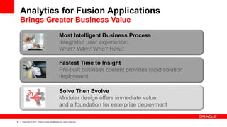 36 Copyright © 2011, Oracle and/or its affiliates. All rights reserved.
Analytics for Fusion Applications
Brings Greater Business Value
Most Intelligent Business Process
Integrated user experience:
What? Why? Who? How?
Fastest Time to Insight
Pre-built business content provides rapid solution
deployment
Solve Then Evolve
Modular design offers immediate value
and a foundation for enterprise deployment
 