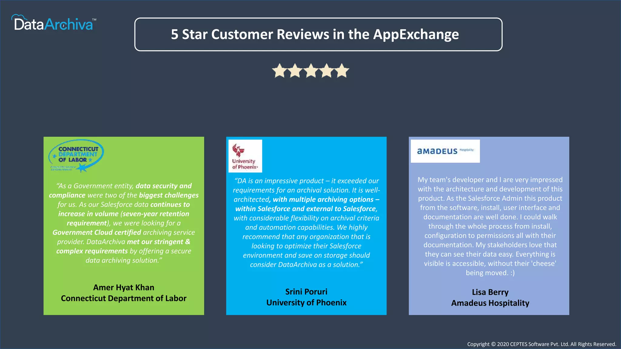 Copyright © 2020 CEPTES Software Pvt. Ltd. All Rights Reserved.
5 Star Customer Reviews in the AppExchange
“As a Government entity, data security and
compliance were two of the biggest challenges
for us. As our Salesforce data continues to
increase in volume (seven-year retention
requirement), we were looking for a
Government Cloud certified archiving service
provider. DataArchiva met our stringent &
complex requirements by offering a secure
data archiving solution.”
Amer Hyat Khan
Connecticut Department of Labor
“DA is an impressive product – it exceeded our
requirements for an archival solution. It is well-
architected, with multiple archiving options –
within Salesforce and external to Salesforce,
with considerable flexibility on archival criteria
and automation capabilities. We highly
recommend that any organization that is
looking to optimize their Salesforce
environment and save on storage should
consider DataArchiva as a solution.”
Srini Poruri
University of Phoenix
My team's developer and I are very impressed
with the architecture and development of this
product. As the Salesforce Admin this product
from the software, install, user interface and
documentation are well done. I could walk
through the whole process from install,
configuration to permissions all with their
documentation. My stakeholders love that
they can see their data easy. Everything is
visible is accessible, without their 'cheese'
being moved. :)
Lisa Berry
Amadeus Hospitality
 