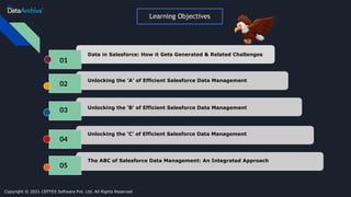 Copyright © 2021 CEPTES Software Pvt. Ltd. All Rights Reserved
Learning Objectives
01
02
03
04
05
Data in Salesforce: How it Gets Generated & Related Challenges
Unlocking the 'A' of Efficient Salesforce Data Management
Unlocking the 'B' of Efficient Salesforce Data Management
Unlocking the 'C' of Efficient Salesforce Data Management
The ABC of Salesforce Data Management: An Integrated Approach
 