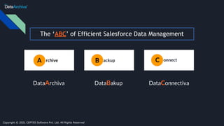 The ‘ABC’ of Efficient Salesforce Data Management
rchive ackup onnect
DataBakup DataConnectiva
A B C
DataArchiva
Copyright © 2021 CEPTES Software Pvt. Ltd. All Rights Reserved
 