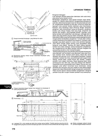 +
Rumah penarik
@ fempat menembak lempengan yang dilempar ke udara
fa Penampang panjang melalui tempat menembak lempengan yang
9 dilempar ke udara
 I /'
1 - 8 tempat menembak ke arah
lempengao yang dilempar ke udara
dengan 1 tembakan
IL--IFF
@ eenampang -, @
I
Pagar kawal _'l
i
LAPANGAN TEMBAK
-+-
Pengaman ketinggian:
Luas lapangan tembak keseluruhan ditentukan oleh sudut lancip
yang sesuai yang menjadi ukuran.
Berdasarkan pengetahuan pada tempat senapan angin kamar,
senjata, CO2 tekanan udara sudut 20o mengamankan tembakan ke
arah atas, pada tempat senapan angin dan tempat senjata api sudut
30" mengamankan tembakan ke arah atas. Untuk busur besar dan
lapangan untuk panahan berlaku ketentuan yang menyimpang.
Kawasan yang berbahaya dapat dilindungi dengan bangunan
pengaman yang terkoordinasi bangunan-bangunan pengaman
tersebut yaitu dengan tingkap mata yang tinggi, pengaman sisi
(tembok atau tanggul), ujung lapangan tembok. Lapangan untuk
latihan tembak harus sedemikian rupa dibangun, sehingga baik ke
dalam yaitu bagi peserta yang ikut dalam menembak, atau ke luar
tidakterjadi tindakan yang membahayakan peserta lapangan tersebut
mengecualikan berdasarkan pengalaman. Tuntutan akan undang-
undang menembak immisi federal harus terpenuhi. Penilaian suatu
lapangan yang dipilih apakah itu cocok untuk pendirian lapangan
untuk latihan tembak adalah penting untuk penyelidikan biaya
bangunan yang ditaksir. Seorang ahli dalam bidang lapangan
tembak harus selalu didengar, karena berdasarkan pengetahuan
dan pengalamannya dia dapat memberi informasi mengenai hal
yang penting terutama untuk memperhitungkan:
Jarak ke bidang bangunan yang ada atau dirancang dan ke bangunan
yang ditempati, arah tembakan yang ditentukan (utara atau timur
laut), keadaan tanah, keadaan tanah lapang. Dapat atau harus
dibiaskan oleh petunjuk umum. Perlengkapan perawatan, instalasi
perawatan, keadaan lalu lintas, penyeberangan jalan (juga di masa
datang), tempat parkir, tempat liburan dan rekreasi. Tindakan
peredam bunyi segera dirancang. Dapat dipasang dalam tahap
pembangunan satu demi satu. Cara yang disetujui dan diizinkan
menentukan aturan yang bersifat hukum negara. Susunan dan luas
lapangan untuk latihan menembak harus menentukan, bahwa
tambahan dan perluasan yang perlu terjadi di masa datang adalah
berguna dan dapat dilaksanakan dengan pengeluaran yang sedikit.
Pada rencana laporan terbuka tindakan pengamanan mengenai
peredam bunyi dan mungkin tindakan peredam bunyi selanjutnya.
l_ 60 00
-
II
/a Bidang penjagaan sebuah tempat
Y/ penahan dengan 6 lintasan memanah
ffi
ffi,,rlU
:18
,,'fl:H
#
s:s
in
..r
.I
"*r
berjalan dan mengarah ke lempengan di
r
*
/A Lapangan 25 m untuk senjata api (pistol dan revolver semua kaliber). Tembok samping yang terus ke kiri,
7 tariggu'i tanah yang terus k6 kanan (itu dapatjuga dipilih untuk kedua sisi satu tembok atau satu tanggul tanah)
fali lemparan
I
8,
llilTiang
178
 