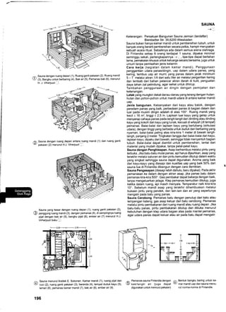 ^
Sauna dengan ruang depan (1), Ruang ganti pakaian (2), Ruang mandi
!/ 1e1, eangtu untuk berbaring (4), Bak air (5), Pemanas bak (6), menurut
H. J. Viheriuuri ii.l.
rat Sauna dengan ruang depan antara ruang mandi (1) dan ruang
9 pakaian (2) menurut H.J. Viheryuuri " .
SAUNA
-+,i
Keterangan: Persatuan Bangunan Sauna Jerman (terdaftar)
Bierstadter Str. 39,6200 Wiesbaden
Sauna bukan hanya kamar mandi untuk pembersihan tubuh, untuk
banyak orang berarti pembersihan secara psikis, hampir merupakan
sebuah acara ritual. Sebaiknya ada dalam semua arena olahraga.
Di Finlandia setiap 6 orang terdapat 1 sauna, dipakai minimal
seminggu sekali, perlengkapannya -+- , tipe-tipe dapat bertahan
lama, pemakaian khusus untuk keluarga secara bersama, juga untuk
umum tanpa pemisahan jenis kelamin:
Cara kerja (kegiatan dalam kamar mandi). Penggunaan
penggantian udara panas/dingin, uap dalam udara panas, yang
kering, tembus uap air murni yang panas dalam jarak minimum
5 - 7 melalui aliran 114 dari satu liter air melalui pergantian kering
dan lembab dari bahan pelancar aliran darah di kulit, penguatan
daya tahan zat pelindung, agar sehat untuk dihirup.
Tambahan penggunaan air dingin dengan pemijatan dan
ketenangan.
Letak yang mungkin dekat danau-danau yang terang dengan hutan-
hutan dan pohon-pohon untuk mandi udara di antara kamar mandi
uap.
Jenis bangunan. Kebanyakan dari kayu atau balok, dengan
peredam panas yang baik, perbedaan panas di bagian dalam dan
luar pada musim dingin adalah di atas 100". Ruang mandi yang
kecil < 16 m2, tinggi < 2,5 m. Lapisan luar kayu yang gelap untuk
menyerap cahaya panas pada langit-langit dan dinding atau dinding
kayu yang kokoh dari kayu yang lunak, kecuali di wilayah (di tempat)
pemanas. Balai-balai dan lapisan kayu yang berlubang (sirkulasi
udara), dengan tinggi yang berbeda untuk duduk dan berbaring yang
nyaman, balai-balai paling atas kira-kira 1 meter di bawah langit
langit, panjang 2 meter. Tingkatan tangga dan balai-balai dari kayu,
lapisan kayu, dipaku dari bawah, sehingga tidak menyentuh bagian
tubuh. Balai-balai dapat diambil untuk pembersihan, lantai dari
material yang mudah dipakai, tanpa pelatpelat kayu.
Sauna dengan Penghisapan. Asap berhembus melalui pintu yang
terbuka. Jika batu-batu mulai panas, api harus dijauhkan, asap yang
terakhir melalui saluran air dan pintu kemudian ditutup dalam waktu
yang singkat sehingga sauna dapat digunakan. Aroma yang baik
dari kayu-kayu yang diasapi dan kualitas uap yang baik 50% dari
sauna tua di Finlandia dibangun dengan cara demikian.
Sauna Pengasapan (diasapi lebih dahulu, baru dipakai). Pada akhir
pemanasan ke dalam dengan aliran asap, jika panas batu dalam
pemanas kira-kira 500". Gas pembakar dapat bekerja dengan baik,
tanpa mengeluarkan jelaga. Klep pemanas kemudian ditutup, juga
ketika dalam ruang, api masih menyala. Temperatur naik kira-kira
'10'. Sebelum mandi asap yang terakhir dihembuskan melalui
bukaan pintu yang pendek, dan lain-lain dan air yang seperlunya
mengalir pada batu yang panas.
Sauna Cerobong. Pemanas batu dengan penutup dari batu atau
lempengan kaleng, gas asap keluar dari batu cerobong. Pemanas
melalui pintu pembakaran dari ruang mandi atau ruang depan. Jika
batu-batu panas, pintu pembakaran ditutup dan dibuka menurut
kebutuhan dengan klep udara bagian atas pada mantel pemanas,
agar udara panas dapat keluar atau air pada batu dapat mengalir.
^ Pemanas sauna Finlandia dengan
LU oax/tangt<i air (iuga dapat
digunakan untuk mencuci pakaian)
,11 Bentuk bangku baring untuk ka-
I marmandi uap dansauna menu-
rut norma-norma di Finlandia
ganti
^ Sauna yang besar dengan ruang depan (1), ruang ganti pakaian (2)'
(!) panggung ruang mandi (3), dengan pemanas (4), di sampingnya ruang
piiat dengan bak air (5), bangku pijat (6), ember air (7) menurut H.J.
Virheriuuri buku i1.
^ Sauna menurutArsitek E. Sukonen. Kamar mandi (1), ruang pijat dan
@ cuci (2), ruang ganti pakaian (3), beranda (4), tempat duduk kayu (5),
lemari (6), pemanas kamar mandi (7), bak air (8), ember air (9).
t,
1
i,
1
196
 