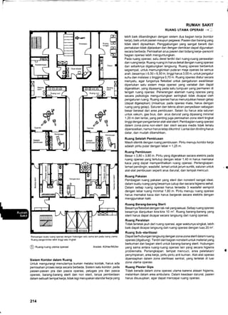 Rancangan suatu ruang operasi dengan hubungan satu sama lain pada ruang utama
Ruang pengontrolan lebih tinggi satu tingkat.
@ Ruang+uang utama operasi Arsitek: Kohler/Mtiller
Sistem Koridor dalam Ruang
Untuk mengurangi menularnya kuman melalui kontak, harus ada
pemisahan proses kerja secara berbeda. Sistem satu koridor, pada
pasien-pasien pra dan pasca operasi, petugas pra dan pasca
operasi, barang-barang steril dan non steril, tanpa pembedaan
dalam sebuah tempat kerja, tidak lagi merupakan standar kerja yang
RUMAH SAKIT
RUANG UTAMA OPERASI -+I
lebih baik dibandingkan dengan sistem dua bagian kerja (koridor
kerja), baik untuk pasien maupun pegawai. Pasien dan barang yang
tidak steril dipisahkan. Penggabungan yang sangat berarti dari
pemakaian tidak dijelaskan dan dengan demikian dapat digunakan
secara berbeda. Pemisahan arus pasien dari bidang kerja-personil
bagian operasi lebih menguntungkan.
Pada ruang operasi, satu deret terdiri dari ruang-ruang perawatan
dan ruang kerja. Ruang-ruang ini harus dekat dengan ruang operasi
dan sebaiknya digabungkan langsung. Ruang operasi berbentuk
segiempat, untuk memungkinkan putaran meja operasi ke semua
arah, besarnya + 6,50 x 6,50 m, tinggi harus 3,00 m, untuk pengatur
suhu dan instalasi + tingginya 0,70 m. Ruang operasi diatur secara
menyatu, agar fungsinya fleksibel untuk pengaturan awal/dasar
diperlukan satu sistem meja operasi yang variabel dan dapat
digerakkan, yang dipasang pada satu tumpuan yang permanen di
tengah ruang operasi. Penerangan alamiah ruang operasi yang
secara psikologis menguntungkan seringkali tidak dicapai oleh
pengaturan ruang. Ruang operasi harus menunjukkan kesan gelap
(dapat digelapkan) (misalnya: pada operasi mata, harus dengan
ruang yang gelap). Saluran dan teknis aliran penyediaan sebagian
besar berasal dari area pembiusan. Selain itu harus ada saluran
untuk vakum, gas bius, dan arus darurat yang dipasang minimal
1,20 m dari lantai, yang penting juga pemisahan zona steril tingkat
tinggi dengan pengantaran alat-alat steril. Pembagian ruang operasi
dalam zona-zona non-steril dan steril secara medis tidak terlalu
dipersoalkan, namun harustetap dikontrol. Lantaidan dinding harus
datar, dan mudah dibersihkan.
Ruang Setelah Pembiusan
Masih identik dengan ruang pembiusan. Pintu menuju koridor kerja
adalah pintu putar dengan lebar = 1,25 m.
Ruang Pembiusan
Besar + 3,80 x 3,80 m. Pintu yang digerakkan secara elektris pada
ruang operasi yang tertutup dengan lebar 1,40 m harus memakai
kaca yang dapat memperlihatkan ruang operasi. Perlengkapan:
lemari pendingin, wastafel, lemari untuk jarum suntik, saluran untuk
alalalat pembiusan seperti arus darurat, dan tempat mencuci.
Ruang Pakaian
Pembagian ruang pakaian yang steril dan nonsteril sangat ideal,
dalam suatu ruang yang besarnya cukup dan secara higienis sehat.
Dalam setiap ruang operasi harus tersedia 3 wastafel semprot
dengan lebar ruang minimal 1,80 m. Pintu menuju ruang operasi
harus memakai kaca dan harus bergerak secara elektris dengan
menggunakan kaki.
Ruang Barang-barang Steril
Besarnyafleksibel dengan rak-rakyang sesuai. Setiap ruang operasi
besarnya dianjurkan kira-kira 10 m2. Ruang barang-barang yang
sterii harus dapat dicapai secara langsung dari ruang operasi.
Ruang Peralatan
Tidak terletak jauh dari ruang operasi, agarwaktunya singkat, lebih
baik dapat dicapai langsung dari ruang operasi dengan luas 20 m2.
Ruang Sub-sterilisasi
Dapat berhubungan langsung dengan zona-zona steril dalam ruang
operasi (digabung). Terdiri dari bagian nonsteril untuk materialyang
berkuman dan bagian steril untuk barang-barang steril. Hubungan
yang sama antara ruang-ruang operasi lain yang secara higienis
problematis. Perlengkapan: tempat mencuci, area peletakan/
penyimpanan, area kerja, pintu-pintu anti kuman. Alat-alat operasi
dipersiapkan dalam zona sterilisasi sentral, yang terletak di luar
zona utama operasi.
Ruang Plester Gips
Tidak berada dalam zona operasi utama karena alasan higienis,
melainkan dalam area ambulans. Dalam keadaan darurat, pasien
harus disusupkan, agar dapat mencapai ruang operasi.
,t
#2HsOperasi
#2Et
214
 