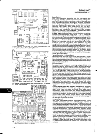 -
=rffim['mmt.L]
l----l n [l llfl n r-r
El ^ ' L-T-r-u-q
I t-^.
r_tv_---rn
Restoran Pribadi Kantonsspital Basel, untuk menampung 1 50 pegawai,
Arsitek: Suter dan Suter
RUMAH SAKIT
UNIT PERAWATAN -, ."
Dapur Sentral
Dulu: Untuk mencegah kebisingan dan bau tidak sedap yang
mengganggu maka dapur diletakkan pada ruangan atap gedung rumah
sakit. Sekarang: letaknya di unit perawatan, menjamin kelancaran kerja
mulai dari penerimaan barang, penyimpanan, persiapan, pengolahan
sampai dengan pembagian makanan. Karena pemakaian makanan
beku maka fungsi dan perlengkapan dapur berubah. Di sini arsitek dan
pengguna harus bekerja sama untuk mencari cara dan bentuk
pengolahan makanan yang paling cepat, sehingga ditemukan
pemecahan yang strategis dan tidak memakan tempat ketinggian
lampu dapur tidak boleh kurang dari 4 meter. Luas dapur harus sesuai
dengan tuntutan dan jumlah pasien rumah sakit.
Di dapur utama untuk setiap orang, yang terlibat dalam pengolahan
makanan, dirancang sebidang tanah seluas 1,0 m'. Di samping itu
sebaiknya dirancang sebuah dapur diet khusus (sekurang-kurangnya
60 m'?) dengan ruang untukjuru masak, tempat mencuci sayuran (30 m')
dan tempat penampungan sampah (5 m'). Kemudian gudang tempat
penyimpanan sehari-hari (8 m'), sebuah ruang pendingin dengan
sel-sel untuk menyimpan daging, ikan, dan berbagai macam bahan
makanan hasil dari pengolahan susu (mentega, keju dan
sebagainya)(masing-masing 8 m'?), ruang pendingin depan (10 m')
dengan kotak pembeku bahan makanan dan agregat pendingin. Tempat
penerimaan barang sebaiknya dekat dengan unit administrasi, dan juga
diperlukan gudang yang memadai (15 - 20 m'). Gudang utama tempat
menyrmpan buah-buahan dan sayur-sayuran (20 m'), gudang tempat
menyimpan bahan makanan kering (20 m'?), dan gudang untuk bahan
makanan yang diawetkan harus terletak bersebelahan/ dekat dengan
tempat penerimaan barang.
Tempat Pencucian Perabotan Dapur
Penyimpanan dan pencucian barang pecah belah dilakukan di bagian
dapur rumah sakit yang disebut Dapur Teh. Hal ini dapat meringankan
beban pegawai-pegawai yang bekerja di dapur. Untuk mencuci barang
pecah belah dapat dirancang tempat penyimpanan dan tempat bekerja
yang memadai seluas 30 m'.
Perawatan teknis
Perawatan teknis merupakan wewenang petugas teknis yang
memegang peranan sangat penting, karena semakin banyaknya
peralatan otomatis. Tugasnya meliputi perawatan gedung, teknik rumah,
teknik pengobatan, teknik pengangkutan barang dan orang, tata usaha.
Yang harus diperhatikan adalah perkembangan teknik pemasangan
peralatan sanitasi, sebaiknya pipa melingkardigunakan untuk keperluan
horisontal, pipa tegak dimasukkan ke dalam lubang tegaknya sendiri
dan pipa bercabang yang pada permukaan lubang menghubungkan
lubang tegak dan perlengkapan lainnya.
Air dijernihkan dari pusat, hanya bagian-bagian tertentu dari rumah sakit
yang kebutuhan kualitas airnya ditingkatkan saja (misalnya: apotek)
yang mempunyai proses penjernihan airdesentral (proses pengurangan
kadar garam dan kadar kaporit air). Setiap tempat tidur pasien
diperhitungkan menggunakan 450 -400 I setiap hari, berdasarkanjenis
dan letak rumah sakit. Air kotor -+ Standar lndustri Jerman (DlN)
1 9520.
Ruangan tempat mesin yang mengatur peredaran dan pertukaran
udara sebaiknya letaknya desentral, agar ruangan yang terletak di
dalam, kamar mandi, WC, dapur sentral dan binatu dapat terawat
dengan baik. Untuk ruang operasi dan radiologi sebaiknya mesin
ventrlasi diletakkan bersama-sama dengan peralatan kedokteran yang
dibutuhkan dan generator pengganti aliran listrik umum dalam keadaan
darurat. Pompa untuk oksigen, nitrogen, hampa udara, dan udara
kompresi masing-masing harus mempunyai cadangan sebagai pengganti
jika salah satu pompa tidak berfungsi.
Pemanas Sentral
Dulu untuk memecahkan masalah pemanasan ruangan sangat
diperlukan sebuah ruang ketel uap ( > 100 m). Ruangan ini terletak di
gudang bawah tanah yang luas, setinggi lebih dari 2 tingkat. Sekarang
sistem pemanasan sedikit lebih intensif luasnya, yang menguntungkan
terutama adalah penyediaan panas jarak jauh. Perlu diperhatikan
bahwa pemanas di ruang operasi dan ruang perawatan intensif harus
disediakan terus menerus. Oleh karena itu harus dirancang sebuah
sistem untuk keadaan darurat. Keluar masuknya udara dari penampang
lintang pipa asap ditetapkan dalam Standar lndustri Jerman (DlN) 4705.
Jalan dan pintu-pintu darurat harus membuka ke luar. Perhatikanlah
persyaratan-persyaratan VDI dan VDE dan petunjuk ruang pemanas.
Sistem pemanas dan peralatan kedokteran/generator cadangan untuk
keadaan darurat dapat ditempatkan di dalam satu ruangan besar.
Gudang tempat alat pemanas mungkin dapat dipindahkan dan
diletakkan di bawah tanah dari bagian luar gedung rumah sakit. Untuk
itu perhatikanlah Standar lndustri Jerman 4755 dan petunjuk ruang
pemanas.
Iempal mencuci panc
le
Dapur di lantai dasar, Rumah Sakit Swasta Karlsruhe-Durlach,
tempat tidur. Arsitek: Bonne, Colling, Schneider
oTltr T'l
ollo Ll
n!
trotr
trEE
EEE
[;tl
E
E
l
l
tro
Eoo
E
E
o
@
/6 Pusat Pemeliharaan Rumah SakitBaptist Memorial, Jacksonville (Amerika
9/ Serikat), Arsitek: Kemp, Bunch, Jackson, Metcalf. (Garis tipis dan anak
panah menunjukkan sistem transportasi)
230
E-E St C+
HcHH
ffiSHH
HGW
HEEffiEH" **"-",."I
Ooo G8 8a f) um [B{E $c} f,E
HH HH ffiffi Hffi I J MM HH HH HE
ft# f,B*o*f,B f,tGE - E.EtEfEG trfi #
mrwl00
M!IIINEE
E
o^-
o0UoE=
 