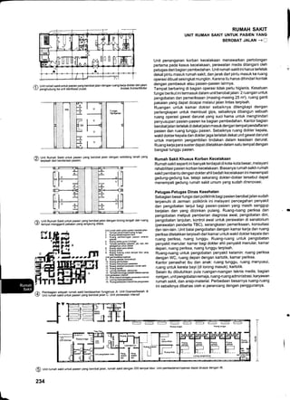 /i Unit rumah sakit untuk pasien yang berobatjalan dengan ruang keria dokter dan jalan
!.,/ penohubung ke unit stbrilisasi pusat' Asitek:Kohler/MUller
6) Unit Rumah Sakit untuk pasien yang berobat jalan dengan sebidang tanah yang
v terpisah dari kendaraan Pasien.
Unit Rumah Sakit untuk pasien yang berobat jalan dengan lorong tengah dan ruang
tempat mengganti pakaian yang langsung ditata.
RUMAH SAKIT
UNIT RUMAH SAKIT UNTUK PASIEN YANG
BEROBAT JALAN -+f]
Unit penanganan korban kecelakaan menawarkan pertolongan
pertama pada kasus kecelakaan, perawatan medis ditangani oleh
petugas dari bagian pembedahan. Unit rumah sakit ini harus terletak
dekat pintu masuk rumah sakit, dan jarak dari pintu masuk ke ruang
operasi dibuat sesingkat mungkin. Karena itu harus dihindari kontak
dengan pembesuk atau pasien-pasien lainnya.
Tempat berbaring di bagian operasi tidak perlu higienis' Kesatuan
fungsi berikut initermasuk dalam unit berobat jalan: 2 ruangan untuk
pengobatan dan pemeriksaan (masing-masing 25 m'?), ruang ganti
pakaian yang dapat dicapai melalui jalan lintas terpisah.
Ruangan untuk kamar dokter sebaiknya dilengkapi dengan
perlengkapan untuk membuat gips, sebaiknya dibangun sebuah
ruang operasi gawat darurat yang suci hama untuk menghindari
penyusupan pasien-pasien ke bagian pembedahan. Kantor bagian
berobatjalan terletak di dekat jalan masuk dengan tempat pendaftaran
pasien dan ruang tunggu pasien. Sebaiknya ruang dokter kepala,
wakil dokter kepala dan dokter jaga terletak dekat unit gawat darurat
untuk menjamin pengambilan tindakan dalam keadaan darurat.
Ruang kerja para susterdapatdiletakkan dalam satu tempatdengan
bangsal tunggu pasien.
Rumah Sakit Khusus Korban Kecelakaan
Rumah sakitseperti ini banyakterdapatdi kota-kota besar, melayani
rehabilitasi pasien korban kecelakaan. Biasanya rumah sakit-rumah
sakit pembantu dengan dokterahli bedah kecelakaan ini menempati
gedung-gedung tua, tetapi sekarang dokter-dokter tersebut dapat
menempati gedung rumah sakit umum yang sudah direnovasi.
Petugas-Petugas Dinas Kesehatan
Sebagian besarfungsi dari poliklinik bagi pasien berobatjalan sudah
terpenuhi di Jerman: poliklinik ini melayani pencegahan penyakit
dan pengobatan lanjut bagi pasien-pasien yang masih sanggup
berjalan dan yang diizinkan pulang. Ruang-ruang periksa dan
pengobatan meliputi pemberian diagnosa awal, pengobatan dini,
pengobatan lanjutan, kontrol awal untuk perawatan di sanatorium
(perawatan penderita TBC), serangkaian pemeriksaan, konsultasi
dan lain-lain. Unit balai pengobatan dengan kamar kerja dan ruang
periksa diletakkan terpisah dari kamar untukwakil dokter kepala dan
ruang periksa, ruang tunggu. Ruang-ruang untuk pengobatan
penyakit menular: kamar bagi dokter ahli penyakit menular, kamar
depan, ruang periksa, ruang tunggu terpisah'
Ruang-ruang untuk pengobatan penyakit kelamin: ruang periksa
dengan WC, ruang depan dengan kartotik, kamar periksa.
Kantor penasihat ibu dan anak: ruang tunggu, ruang menyusui,
ruang untuk kereta bayi (di lorong masuk), kartotik.
Selain itu dibutuhkan pula ruangan-ruangan teknis medis' bagian
rontgen, unit pengobatan remaja, ruang-ruang adminiskasi, karyawan
rumah sakit, dan arsip-material. Perbedaan besarnya ruang-ruang
ini sebaiknya dibahas oleh si perancang dengan penggunanya.
@
, d---2
Unitrumah skit untuk pasaen bsrcbatialan
1. TemFtpenoimaan/ruang lunggu
2. Ruang bdah/oFrasi k6cil
3. Ruang pembaringan pasien set€lah
+. P.i#f'*m s,n" 1u.rosil
5. T6mFl Fnitipan pakaian. jas, lopi. dan
*ba:qainya untuk dokter
6. RuangmFtparadokter
7. Ruanq doKer
8. Ruang ko$ng unluk tempat tidur yaru
tdak teaakai
Unil @mbdahan/oFrasi
9. Ruang oFmsi (endoskopi)
10. Ruang Fmbukan
11 Ruang menyimpanpeclatan
12, Ruang isli€hat karyawan rumah 9k[
13. Ruang bedah
14 Lobnii stenlissi. mncucian
15 Temp;tmenunsuslelahsel6$ioFEsi
unil oeBwahn intensif
16. iintu masuk k€bagianpe€wabninlsnsil
r7. Lorcno kerjdFrawsbn
18. Ruan{,F€wabninl6nstrdanpengobaEn
I
/i Pembaqian wilavah rumah sakit berdasarkan fungsinya: A. Unit Operasi/bedah B
(!/ Unit rurian sakiiuntuk pasien yang berobatjalan C. Unit perawatan intensif
J'ffi
@ unit ruman sakit untuk pasien yang berobat jalan, rumah sakit dengan 2OO tempat tidur. Unit pembedahan/operasi dapat dicapai dengan lift.
234
Ru6ng tunggu Ruary tunggu
I
 