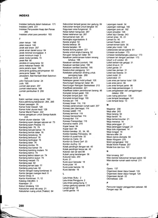 v"
INDEKS
lnstalasi berkuda dalam bebatuan 17'l
lnstalasi Listrik 231
lnstalasi Penyusutan Asap dan Panas
260
lnstalasi untuk para penonton '183
J
Jalan keluar 148
Jalan masuk 148
Jarak alat siram 257
Jarak aman derek luncur 64
Jarak minimal lorong/jalan 4
Jarak minimum meja 3
Jarak modul jendela 15
Jarak Rel 90
Jendela di ruang kerja 54
Jenis makanan hewan 85
Jenis perahu layar 165
Jenis-jenis gudang penyimpanan 63
Jenis-jenis Teater 138
Jerusalem, Bait Kenisah Allah Salomon
248
John Hancook Center 24
Judo 185
Jumlah alat siram 257
Jumlah loket karcis 148
Jumlah pembuihan S 259
K
Kabin sanitasi orang cacat 190
Kaca pelindung kebakaran 264, 265
Kaiser passagen 35
Kamar hotel mewah t28
Kamar hotel ukuran kecil 128
Kamar Mandi Pasien 222
Kamar pengakuan untuk Gereja Katolik
243
Kamar ukuran standar 128
Kandang ayam dengan saluran air 73
Kandang ayam Peseda 73
Kandang babi 78, 79
Kandang banyak kamar 74
Kandang bentuk datar 76
Kandang berpalung 76
Kandang bersusun 76
Kandang bertingkat 76
Kandang datar 76
Kandang domba 75
Kandang dua kamar 74
Kandang kambing modern 74
Kandang kelinci 74
kandang kelinci dalam cm 74
Kandang kelinci susun 74
Kandang merpati 73
Kandang sapi 82
Kandang ternak babi 77
Kandang yang luas 82
Kantor dengan ruang kombinasi 8
Kantor dengan ruangan kecil 8
Kantor Dinas 6
Kantor Kombinasi 11,12
Katalog mikrofilm 3
Kearsipan 21
Kebun binatang 133
Kebutuhan area rak arsip 21
Kebutuhan ruang untuk (Traktor) 84
Kebutuhan tempat garasi dan gedung 84
Kebutuhan tempat untuk bengkel 55
Kegunaan area fungsional 15
Kelas bahan bangunan 267
Kelas ketahanan api 267
Kenyamanan kaki 20
Kerangka organisatoris 6
Kereta angkat 52
Kereta belanja 39
Kereta berjalan 39
Kereta dorong pasien 221
Kereta untuk angkut barang 52
Kerugian bangunan datar 65
Kesatuan perencanaan kolam renang
tertutup'188
Kesatuan sanitasi (contoh) 190
Kesatuan sanitasi (pria) 190
Kesatuan sanitasi (wanita) 190
Keseluruhan panggung 141
Ketebalan pelapisan dinding untuk
penopang baja. 268
Ketentuan Zona 24
Ketetapan garasi mobil pribadi 105
Keuntungan bangunan datar 65
Keuntungan Kerugian Sentralisasi 213
Klasifi kasi perawatan 221
Klasifikasi sistem penimbunan barang 46
Komplek lompat galah 155
Komplek lompat jauh 155
Komplek lompat tinggi 155
Konsepjari 116
Konsep linear 114, ',l16
Konsep perencanaan rumah sakit 207
Konsep pier (dermaga) 114
Konsep satelit 116
Konsep terminal 116
Konsep transportasi 114
Konsep-fari 114
Konsep-Transportasi 116
Konvensi metrik 270
Koper besar 94
Koper kecil 94
Koridor beratap 32, 34, 95
Koridor beratap Pehowsky 34
Koridordi pusat kota 32
Koridor du Caire 33
Koridor du Grand Cerf 33
Koridor Joufroy 33
Kotak pendingin dengan rak 40
Kotak pendingin tanpa rak 40
Kotoran dan air seni 88
Kubah yang bersilangan 36
Kuburan batu 254
Kursi 21
Kursi ayun berputar 16
Kursi putar 16
Kursi putar beroda 16
Kursi standar 16
L
Lalu-lintas Buku 2
Lalu-lintas Pengguna 2
Lalu-lintas pengunjung 4
Lampu gantung operasi 216
Langit-langit 18
Lantai ganda 19
Lapangan merah 34
Lapangan olahraga 180
Lapangan polo air 192
Layar proyeksi 146
Lebar lajur Gereja 243
Lemari arsip 16, 21
Lemari Es 40
Lemari Pasien 221
Lemari-lemari bank 30
Letak jalur mobil 148
LetaUposisi sel-sel pabrik 61
Lintasan es buatan 173
Lintasan kereta/bangku peluncur 1 73
Lintasan lari dengan percikan 173
Lloyd's of London 25
Loket berbentuk gergaji 31
Loket drive-in 31
Loket ganda 31
Loket kas Jerman 31
Loket kas Swedia 31
Loket mobil 3'l
Loket-loket 31
Luas area per kamar hotel 129
Luas area peron 96
Luas area tempat parkir 96
Luas meja perseorangan 3
Luas pengawasan dan penggolongan
deteksi 256
Luas ruang penonton 138
Luas tempat beradegan 141
Luas tempat kerja '13
M
Magistral 208
Meja altar 243
Meja barang 94
Meja berdiri 16
Meja berlaci/counter 21
Meja menerus 16
Meja pelanggan 21
Meja pelanggan tunggal 21
Meja tulis organisasi 14
Meja tunggal 16
Menara eifel 24
Mesin karcis otomatis 94
Meter Kilogram 270
Mobil pengangkat 102
Model Klinik Praktek 207
Model truk dan bus 101
N
Nilai lonceng 247
Nilai standar kebutuhan tempat pabrik 62
Nilai standar rumah sakit normal 211
o
Opera 137
Organisasi dasar dapur basah 124
Organisasi dasardapur hangal 124
Organisasi denah 22
Otomatisasi 228
P
Pancuran bagian penggantian pakaian 68
Pangan sapi 86
:')
 