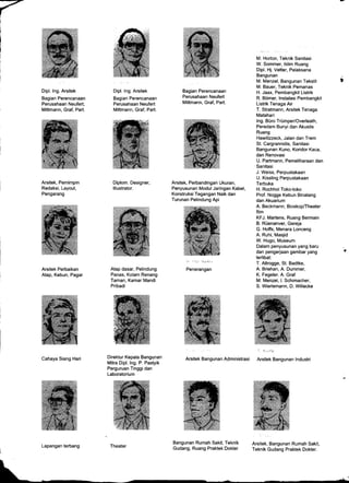 Dipl. lng. Arsitek
Bagian Perencanaan
Perusahaan Neufert,
Mittmann, Graf, Part.
Arsitek, Pemimpin
Redaksi, Layout,
Pengarang
Arsitek Perbalkan
Atap, Kebun, Pagar
Cahaya Siang Hari
Dipl. lng. Arsitek
Bagian Perencanaan
Perusahaan Neufert
Mittmann, Graf, Part.
Diplom. Designer,
lllustrator.
Atap dasar, Pelindung
Panas, Kolam Renang
Taman, Kamar Mandi
Pribadi
Direktur Kepala Bangunan
Miha Dipl. lng. P. Pastyik
Perguruan Tinggi dan
Laboratorium
Bagian Perencanaan
Perusahaan Neufert
Mittmann, Graf, Part.
Arsitek, Perbandingan Ukuran,
Penyusunan Modul Jaringan Kabel,
Konstruksi Tegangan Naik dan
Turunan Pelindung Api
Arsitek Bangunan Administrasi
M. Horton, Teknik Sanitasi
W. Sommer, lklim Ruang
Dipl. Hj. Vetter, Pelaksana
Bangunan
M. Menzel, Bangunan Tekstil
M. Bauer, Teknik Pemanas
H. Jaax, Pembangkit Listrik
R. Bomer, lnstalasi Pembangkit
Listrik Tenaga Air
T. Stratmann, Arsitek Tenaga
Matahari
lng. B0ro Trtimper/Overleath,
Peredam Bunyi dan Akustis
Ruang
Hawli2eck, Jalan dan Trem
St. Cargrannidis, Sanitasi
Bangunan Kuno, Koridor Kaca,
dan Renovasi
U. Partmann, Pemeliharaan dan
Sanitasi
J. Weiss, Perpustakaan
U. Kissling Perpustakaan
Terbuka
H. Rochhol Toko-toko
Prof. Nogge Kebun Binatang
dan Akuarium
A. Beckmann, Bioskop/Theater
film
KFJ. Martens, Ruang Bermain
B. R0enanver, Gereja
G. Hoffs, Menara Lonceng
A. Ruhi, Masjid
W. Hugo, Museum
Dalam penyusunan yang baru
dan pengerjaan gambar yang
terlibat:
T. Alkogge, St. Badtke,
A. Briehan, A. Dummer,
K. Fegeler. A. Graf
M. Menzel, l. Schimacher,
S. Wierlemann, D. Willecke
'I :{:.r1{.
Arsitek Bangunan lndustri
Arsitek, Bangunan Rumah Sakit,
Teknik Gudang Praktek Dokter.
effi#liii
ffiffiffiiiffiffi'ffiffiixr*:S*M
i;WQ}
@"ffi{iiffiffiffi3x
.Hi{lsryE&ffiffiffii
ffi
;;;,:;
Bangunan Rumah Sakit, Teknik
Gudang, Ruang Praktek Dokter
Lapangan terbang Theater
 
