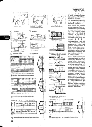 7
F1,0--+-1,o--t-_;';
--r
@ Penempatan kotoran
Luas lantai/ekor 5,0 - 9.0 m'z
Luas tempat: 1,05 -1,25 m
Luas kandang anak sapi 1,50 m'
@ Saoi peran
F-- 2'30
-l
(U) Kandang sapi
Luas lantai: 3,'1 3.5 m':
saoi 1th3,5-4,5m'?saPi1 -2th
Kandang untuk '1 ekor anak saPi
(sampai 14 hari atau 10 minggu)
F 45 --fol
PEMELIHARAAN
TERNAK SAPI
Keterangan: Dinas Pengawas-
an Teknik dan Pembangunan
Bidang Peternakan Terdaftar Jl.
Bartning 49. Darmstadt.
Kita membedakan kandang
yang tergabung kecil-kecil
dengan luas kandang -+ g.
Dalam kandang, sapi menetaP
dan menempatinya. SaPi ma-
kan, membuang kotoran dan air
seni serta diperah susunya di
sini. Luas kandang adalah
antara 1,10 - 1,20 m Panjang
kandang '1
,40 dan 'l ,80 m
tergantung pada besar saPi
(ditentukan oleh umur dan
jenisnya)-r@+@-@
Kandang yang luas -+ @ + @
- @ memiliki tempat makan
sepanjang 1,65 - 1,80 m -r @
lylakanan biasanya ditaruh di
sana. Kotoran dapat diolah
menjadi pupuk sebanyak 2 -
4 kg bagian dari jerami Yang
dimakannya. Di kandang, saPi
dipelihara dan diberi jerami
(0,5 kg/ekor sehari).
Kotoran diolah secara mekanik.
Pengolahan sesuai banyaknYa
kotoran yang ditampunS -+ @
Kotoran cairpun dapat diolah.
Tanpa alat penampung kotoran
jumlahnya hanya setinggi 1,40
- 1,50 m, sederet kandang
tidaklah ekonomis. Dua deret
kandang plus tempat makanan-
nya sangatfungsional, 1 0- 1 5%
luas kandang. Pengolahan
makanan secara mekanik
mencapai 10 - 12 m. Penem-
patan makanan dengan Per-
alatan yang dapatdigerakkan di
antara palung-palung (selebar
? 2,5 m). Ruang-ruang Yang
penting berada tak jauh dari
kandang, misalnya ruang Peng-
olahan susu dengan ruang atau
kandang sapi perahan.
T
:
I
r:i,l*_il,+--l-s+B6u--r
-4,60
-
70* 70r
' -10 ' -1.0
@
F4.6(F4,60+ 4,60 + 4,60-+-4,60- +"4,60- f -4'60--l
O fanOanO 3 sisi, untuk sapi perah dan anak sapi
-
8,96----t 4,6+ 4,60+-4,6*.4,60-1. 4,60 -t4,601
@ Kandang2sisi, untuksapiperahdananaksapi
:- 3.45 + 3,45 - 3.45 + -3,45 +3,45 + 3,45 -
6) KandanS SaOungan 2 sisi, untuk sapi perah dan anak sapi
82
/ii Palung untuk sapi perah di
iY kandang gabungan
F 3.45 + 3,45 + 3.45
-
T
+
t
+
T
+
6
+
I
t
+
+
t
I
I
:
T
l-
:
1
I
:-
I
.L
..
.
5N
anak sapr
p 1s----1---1sj 1'!
(D Kanoang gabungan 2 sisi, untuk sapi perah tanpa anak sapi
 