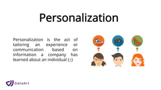 Personalization
Personalization is the act of
tailoring an experience or
communication based on
information a company has
learned about an individual (+)
 