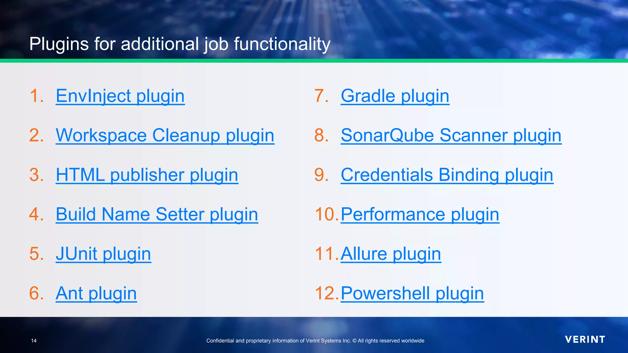 14 Confidential and proprietary information of Verint Systems Inc. © All rights reserved worldwide14
Plugins for additional job functionality
1. EnvInject plugin
2. Workspace Cleanup plugin
3. HTML publisher plugin
4. Build Name Setter plugin
5. JUnit plugin
6. Ant plugin
7. Gradle plugin
8. SonarQube Scanner plugin
9. Credentials Binding plugin
10.Performance plugin
11.Allure plugin
12.Powershell plugin
 