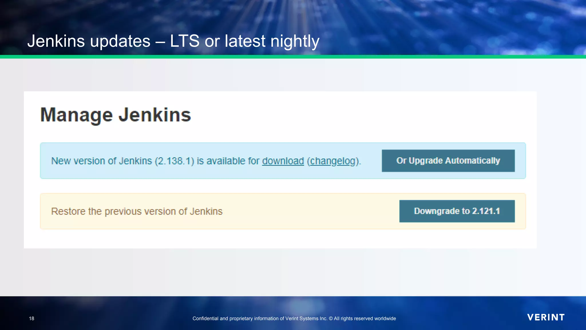 18 Confidential and proprietary information of Verint Systems Inc. © All rights reserved worldwide18
Jenkins updates – LTS or latest nightly
 