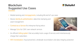 • Mobile banking and micropayments, including MI and IoT use cases
• Device identity & authentication, data time-stamping and
asset management
• Contract-as-a-Service for enterprise-facing telcos
• Manage SLAs for CSPs' own network services
• An efficient billing system that accurately tracks usage of services and instantaneously
charge their subscribers
• NFV monetization, fraud prevention, wholesale reconciliation and data-integrity protection
Blockchain
Suggested Use Cases
 