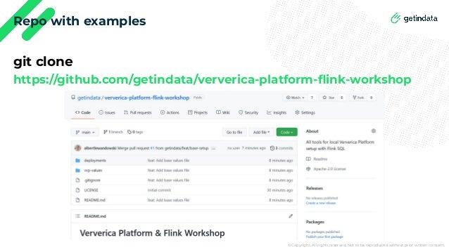 © Copyright. All rights reserved. Not to be reproduced without prior written consent.
Repo with examples
git clone
https://github.com/getindata/ververica-platform-ﬂink-workshop
 