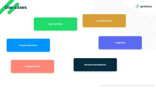 © Copyright. All rights reserved. Not to be reproduced without prior written consent.
Use cases
User activity
Fraud detection
Logistics
Industrial IoT
Location data
Recommendations
 