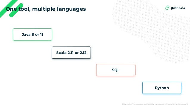 © Copyright. All rights reserved. Not to be reproduced without prior written consent.
One tool, multiple languages
Java 8 or 11
Python
SQL
Scala 2.11 or 2.12
 