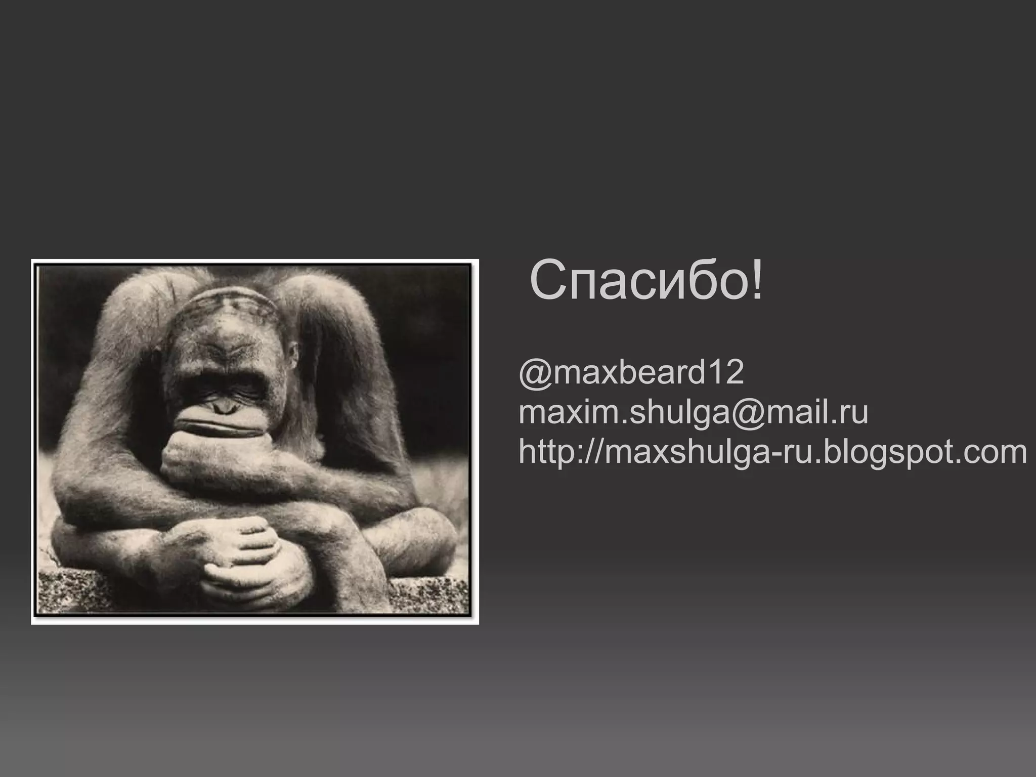 Спасибо!
@maxbeard12
maxim.shulga@mail.ru
http://maxshulga-ru.blogspot.com
 