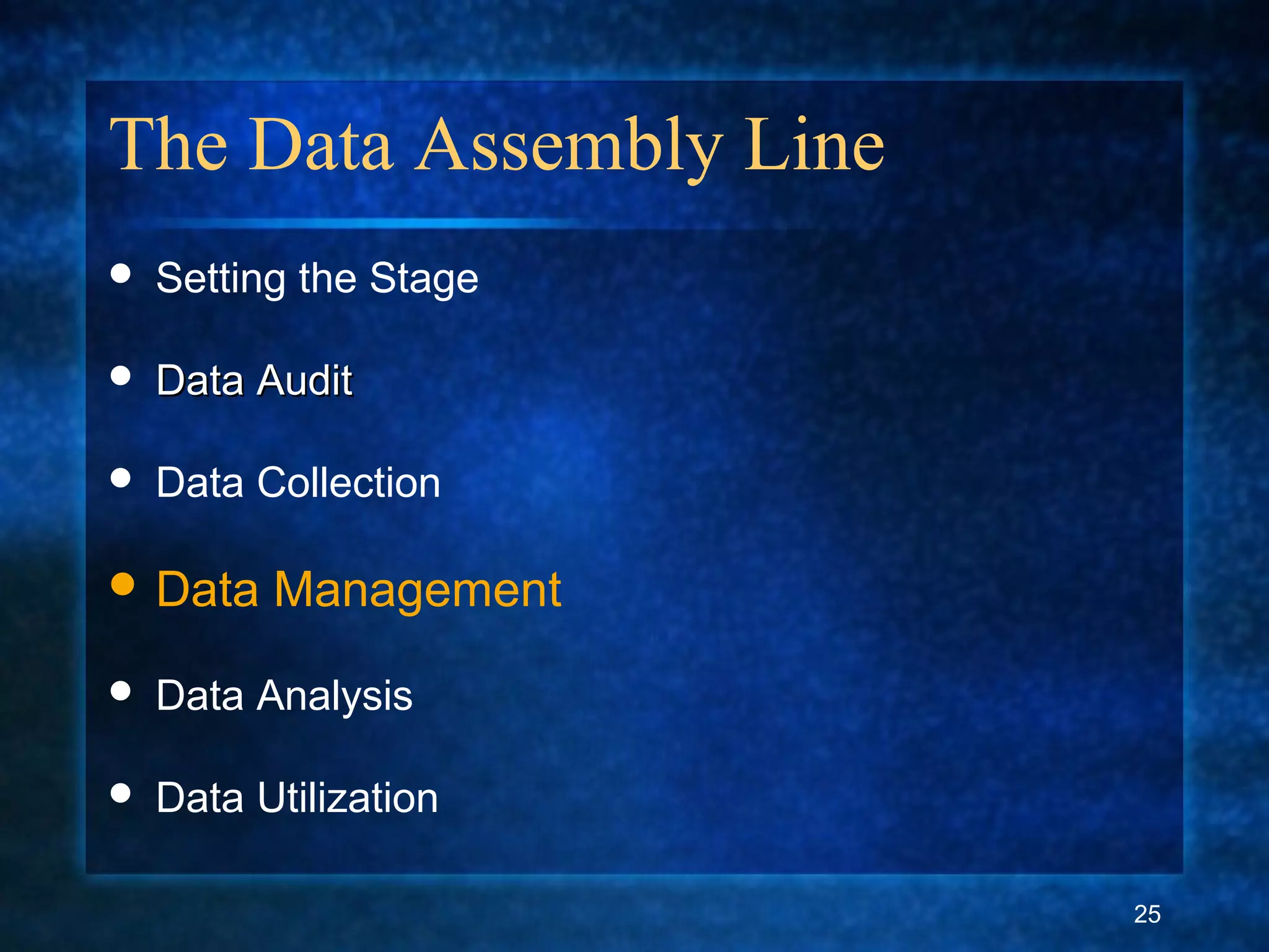 The Data Assembly Line
 Setting the Stage
 Data AuditData Audit
 Data Collection
 Data Management
 Data Analysis
 Data Utilization
25
 