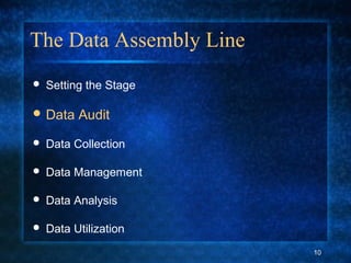 The Data Assembly Line
 Setting the Stage
 Data Audit
 Data Collection
 Data Management
 Data Analysis
 Data Utilization
10
 