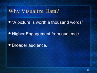 Why Visualize Data?
“A picture is worth a thousand words”
Higher Engagement from audience.
Broader audience.
43
 