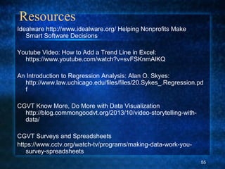 Resources
Idealware http://www.idealware.org/ Helping Nonprofits Make
Smart Software Decisions
Youtube Video: How to Add a Trend Line in Excel:
https://www.youtube.com/watch?v=svFSKnmAlKQ
An Introduction to Regression Analysis: Alan O. Skyes:
http://www.law.uchicago.edu/files/files/20.Sykes_.Regression.pd
f
CGVT Know More, Do More with Data Visualization
http://blog.commongoodvt.org/2013/10/video-storytelling-with-
data/
CGVT Surveys and Spreadsheets
https://www.cctv.org/watch-tv/programs/making-data-work-you-
survey-spreadsheets
55
 