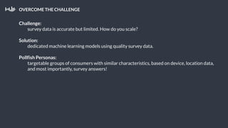 OVERCOME THE CHALLENGE
Challenge:
survey data is accurate but limited. How do you scale?
Solution:
dedicated machine learning models using quality survey data.
Pollfish Personas:
targetable groups of consumers with similar characteristics, based on device, location data,
and most importantly, survey answers!
 