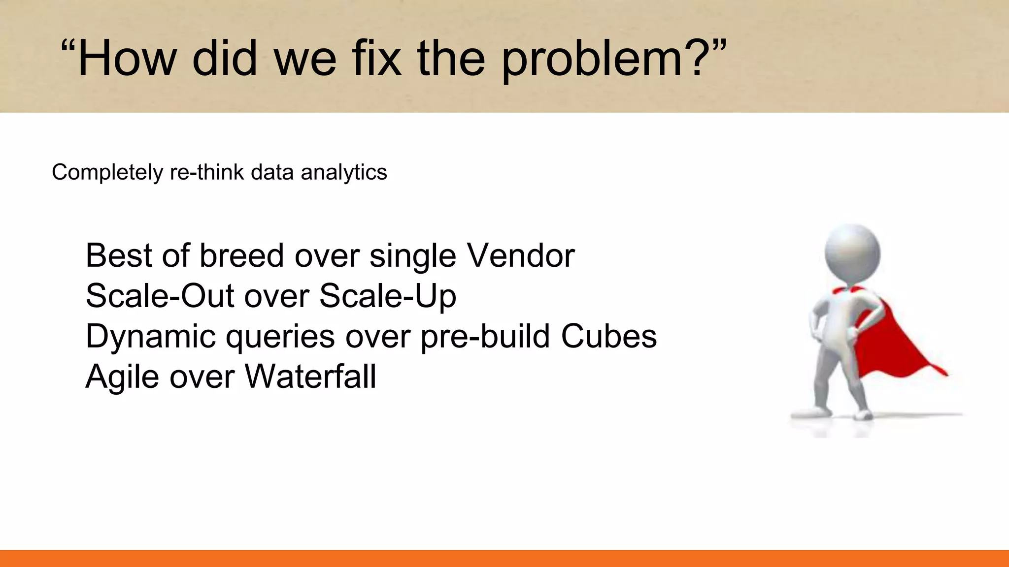 Best of breed over single Vendor
Scale-Out over Scale-Up
Dynamic queries over pre-build Cubes
Agile over Waterfall
“How did we fix the problem?”
Completely re-think data analytics
 