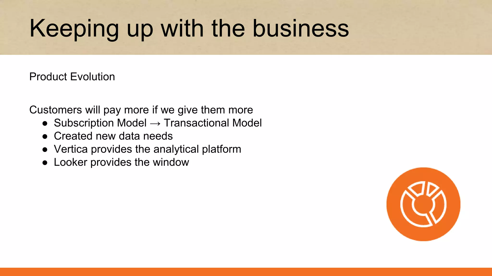 Customers will pay more if we give them more
● Subscription Model → Transactional Model
● Created new data needs
● Vertica provides the analytical platform
● Looker provides the window
Keeping up with the business
Product Evolution
 