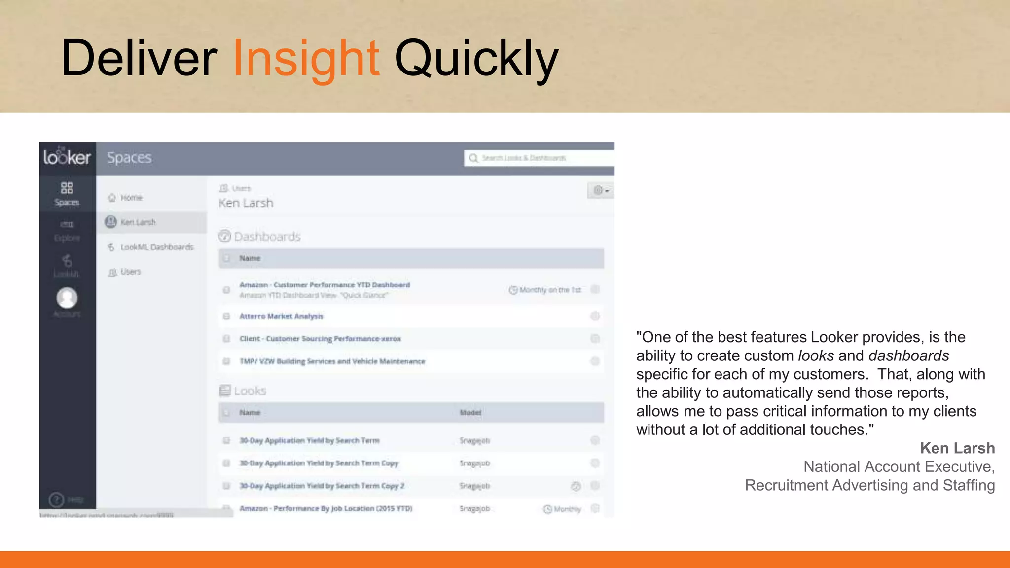Deliver Insight Quickly
"One of the best features Looker provides, is the
ability to create custom looks and dashboards
specific for each of my customers. That, along with
the ability to automatically send those reports,
allows me to pass critical information to my clients
without a lot of additional touches."
Ken Larsh
National Account Executive,
Recruitment Advertising and Staffing
 