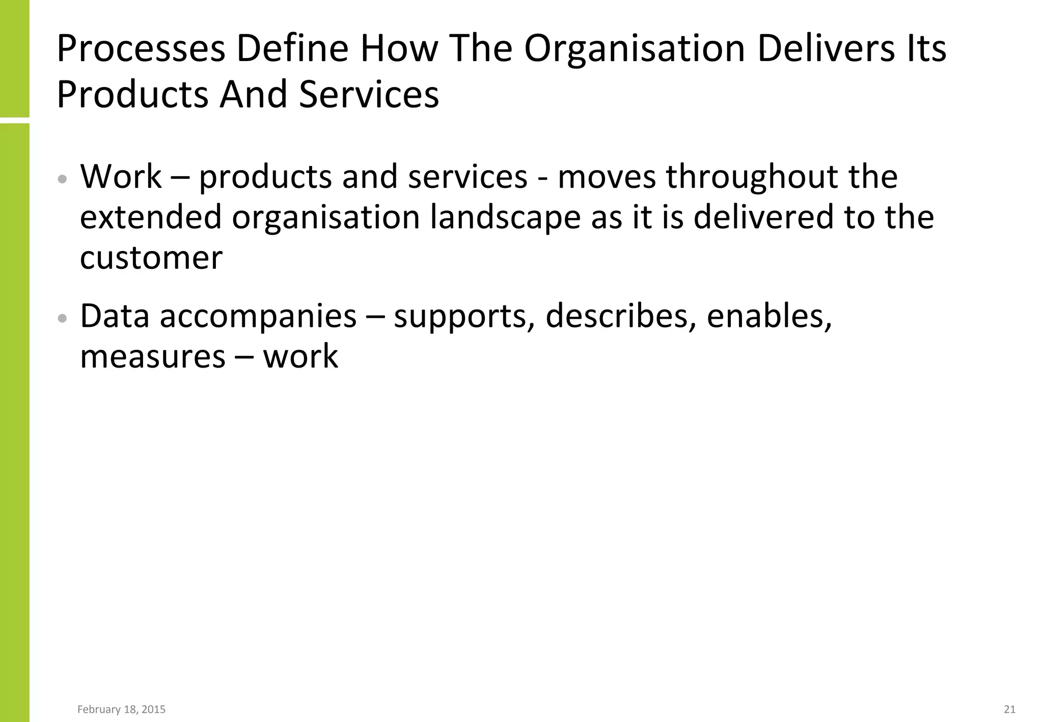 Processes Define How The Organisation Delivers Its
Products And Services
• Work – products and services - moves throughout the
extended organisation landscape as it is delivered to the
customer
• Data accompanies – supports, describes, enables,
measures – work
February 18, 2015 21
 