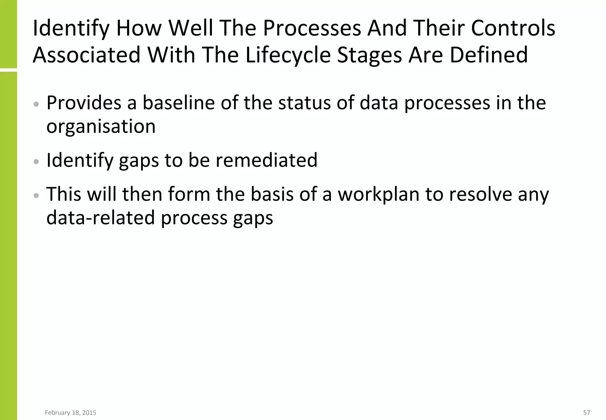 Identify How Well The Processes And Their Controls
Associated With The Lifecycle Stages Are Defined
• Provides a baseline of the status of data processes in the
organisation
• Identify gaps to be remediated
• This will then form the basis of a workplan to resolve any
data-related process gaps
February 18, 2015 57
 